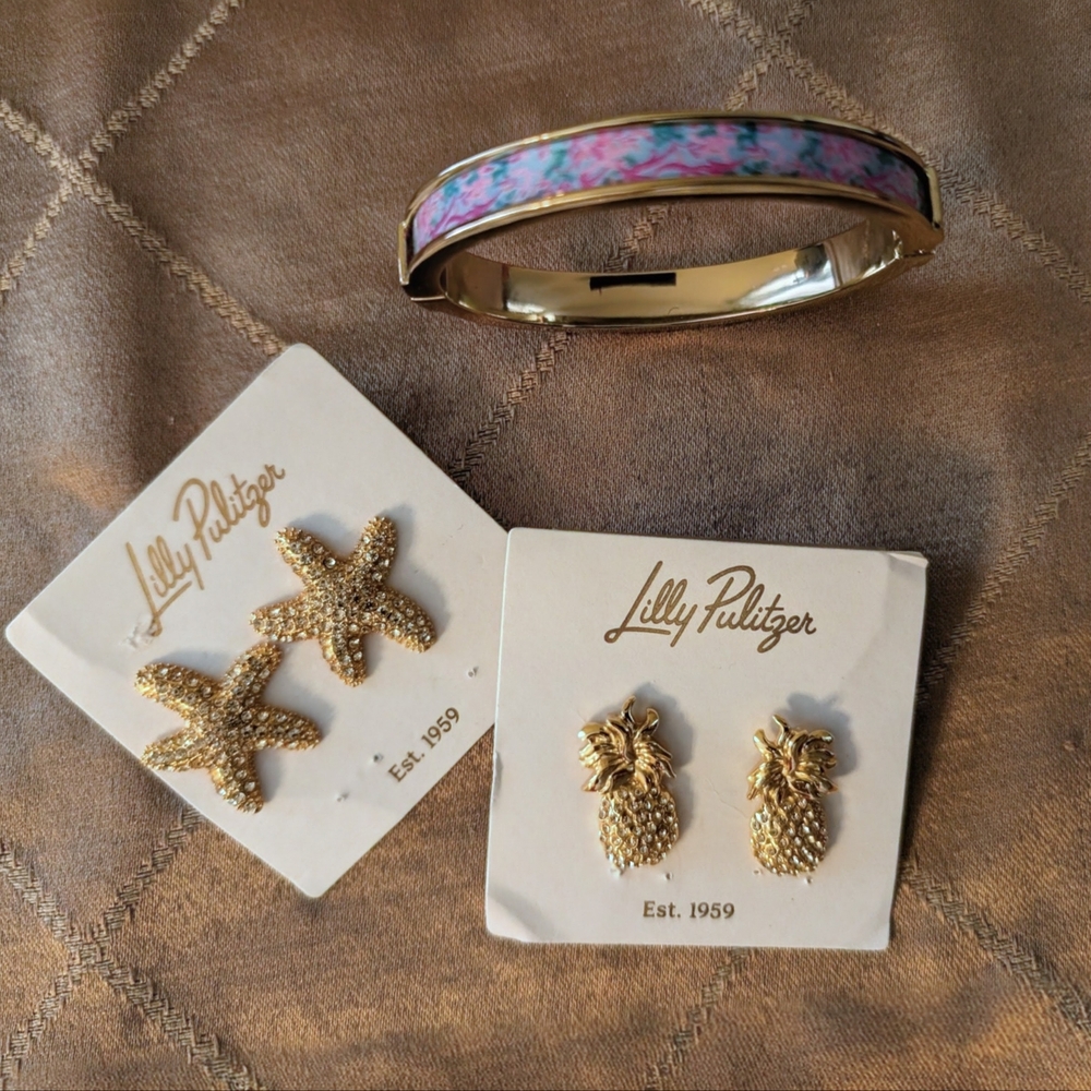 Lilly Pulitzer Seaweed Samba Bangle, Starfish & Pineapple Stud Earrings 3 pc set